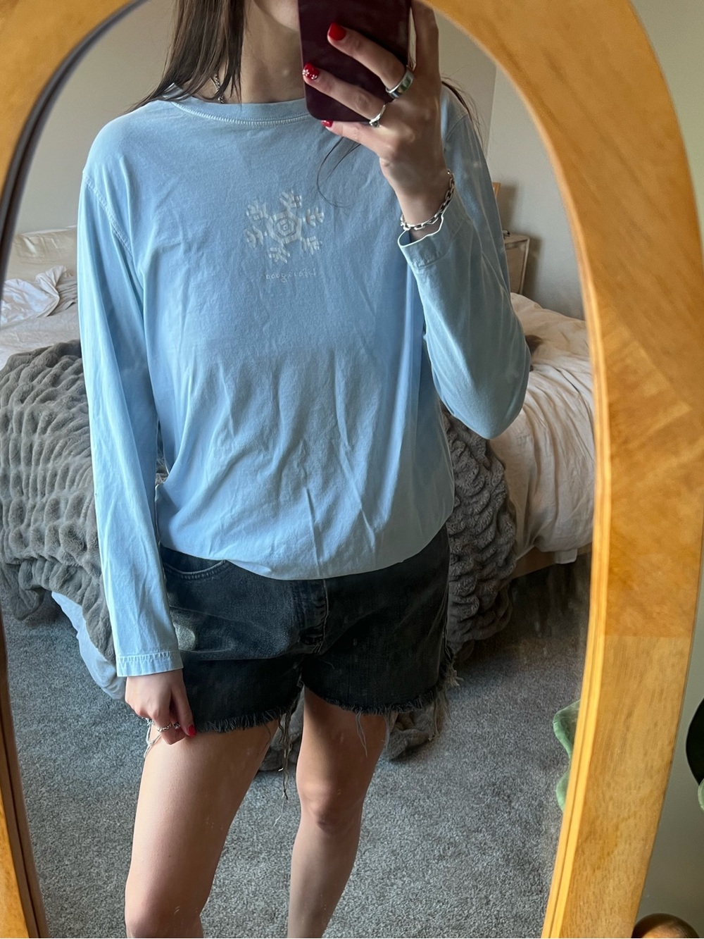 Life Is Good Light Blue Long-Sleeve Tee with Subtle Floral Chest Print